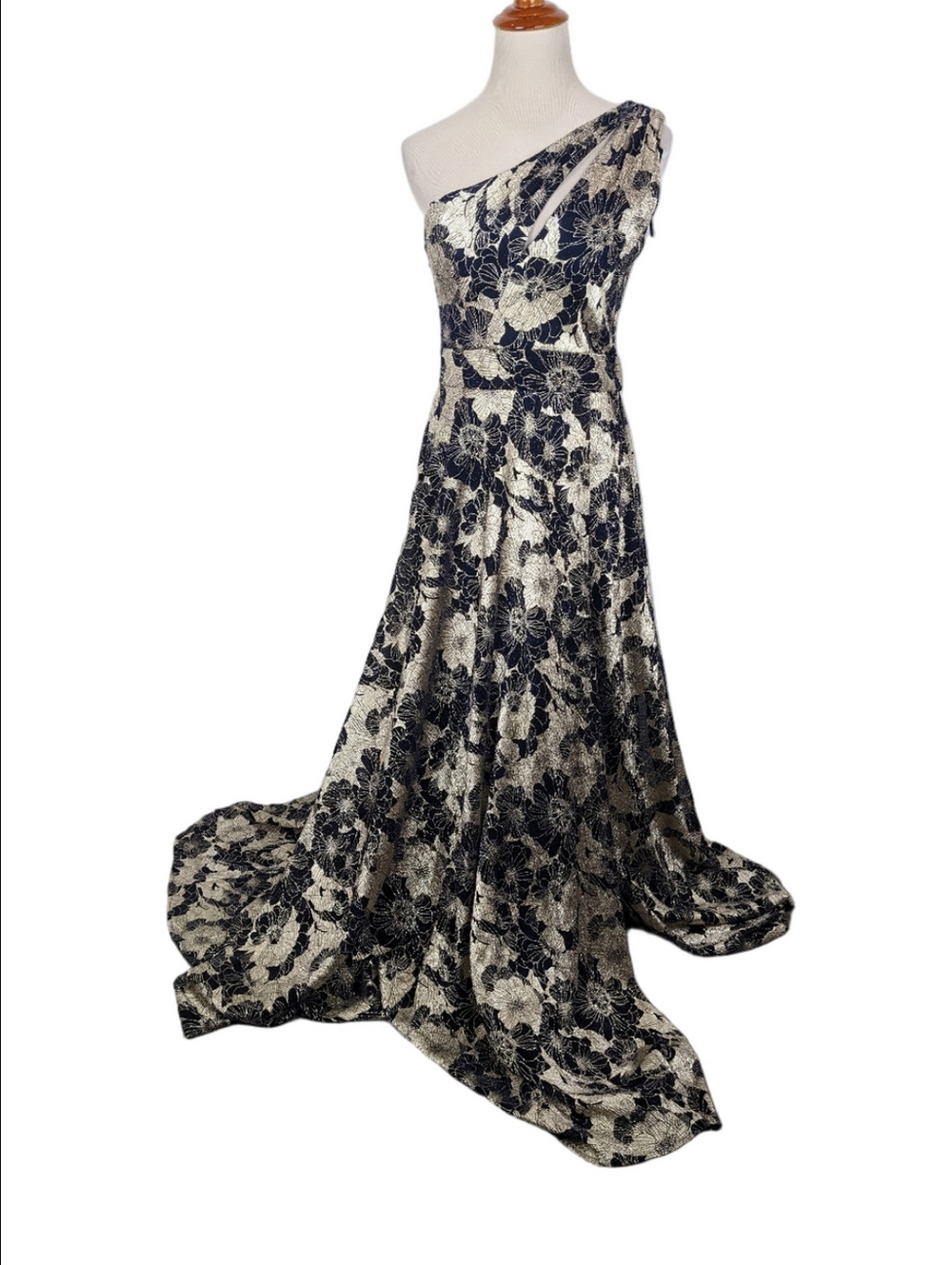 Betsy & Adam Gold Navy Blue One Shoulder Gown